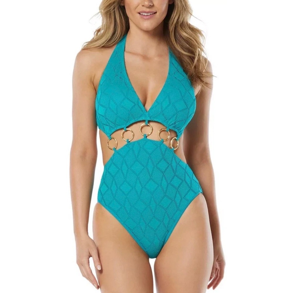 Vince Camuto Lagoon Teal Crochet Ring Monokini Swimsuit Beach Resort Size 8‎ NEW